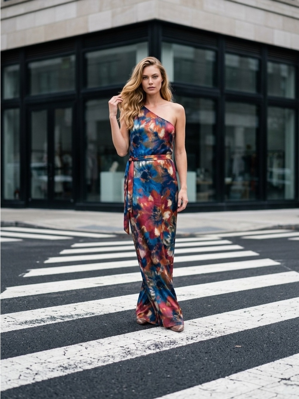 Nicole Miller New York One Shoulder Floral Satin Maxi Dress